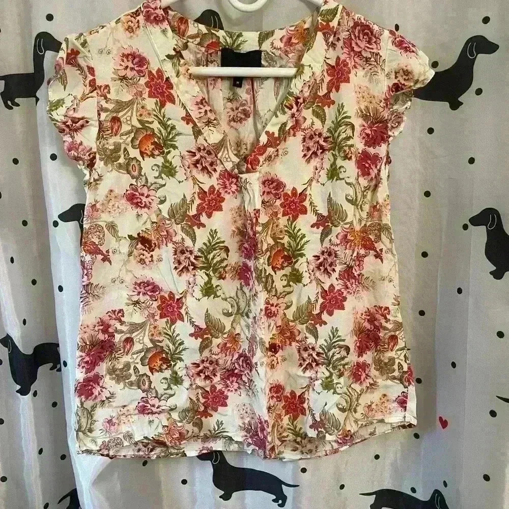 Cynthia Rowley Cream Floral Short Sleeve Blouse